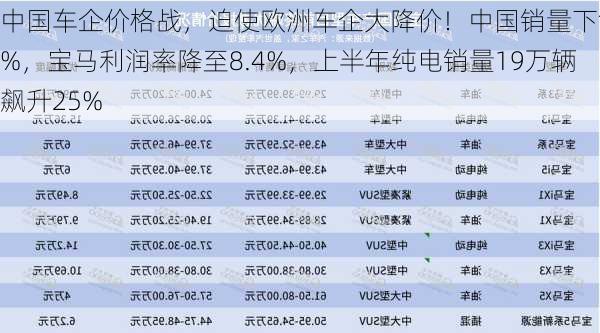 中国车企价格战，迫使欧洲车企大降价！中国销量下滑4%，宝马利润率降至8.4%，上半年纯电销量19万辆飙升25%