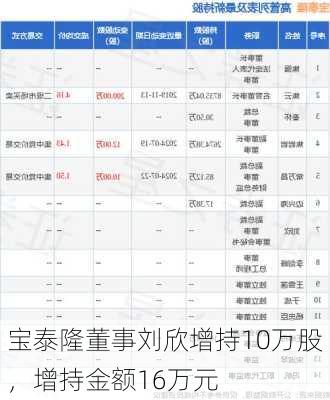 宝泰隆董事刘欣增持10万股，增持金额16万元