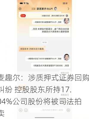 麦趣尔：涉质押式证券回购纠纷 控股股东所持17.04%公司股份将被司法拍卖