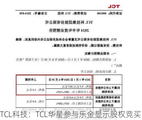 TCL科技：TCL华星参与乐金显示股权竞买