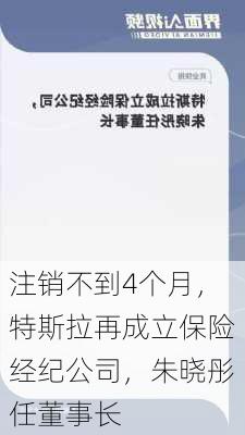 注销不到4个月，特斯拉再成立保险经纪公司，朱晓彤任董事长