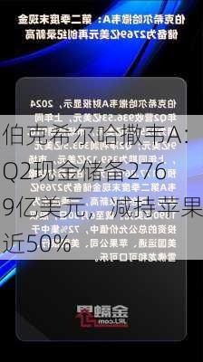 伯克希尔哈撒韦A：Q2现金储备2769亿美元，减持苹果近50%