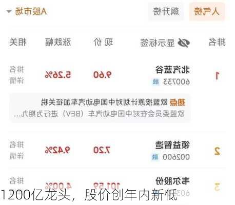 1200亿龙头，股价创年内新低