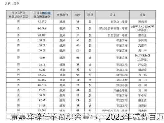 袁嘉骅辞任招商积余董事，2023年减薪百万