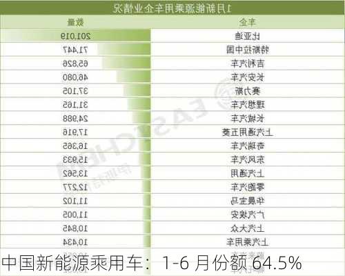 中国新能源乘用车：1-6 月份额 64.5%