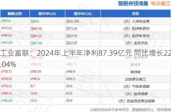 工业富联：2024年上半年净利87.39亿元 同比增长22.04%