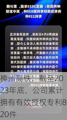 神州高铁：截至2023年底，公司累计拥有有效授权专利820件