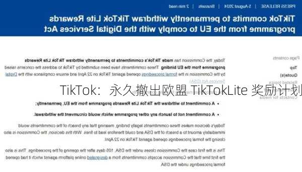 TikTok：永久撤出欧盟 TikTokLite 奖励计划