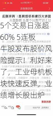 5个交易日涨超60% 5连板牛股发布股价风险提示！利好来了，工业母机板块快速反弹，业绩增长股出炉