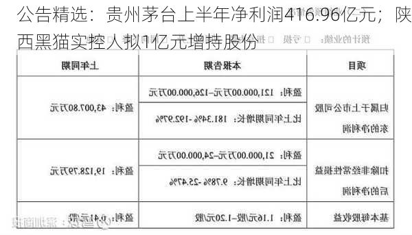 公告精选：贵州茅台上半年净利润416.96亿元；陕西黑猫实控人拟1亿元增持股份