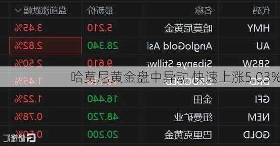 哈莫尼黄金盘中异动 快速上涨5.03%