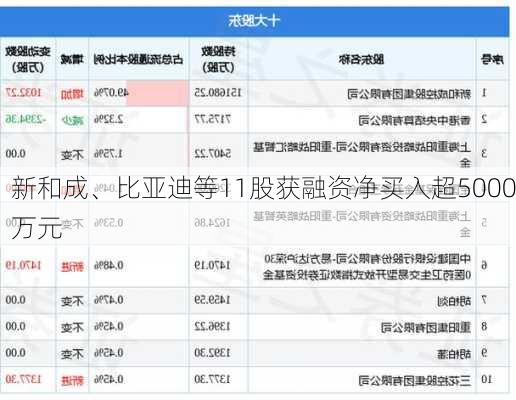 新和成、比亚迪等11股获融资净买入超5000万元