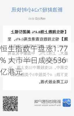 恒生指数午盘涨1.77% 大市半日成交536亿港元