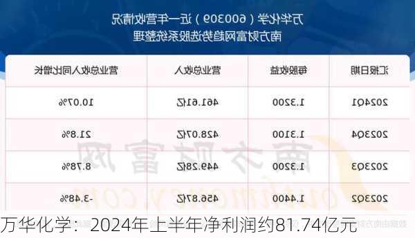 万华化学：2024年上半年净利润约81.74亿元