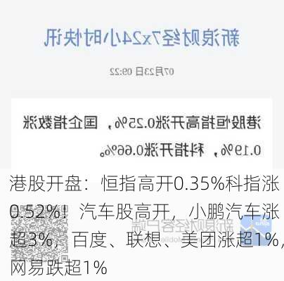 港股开盘：恒指高开0.35%科指涨0.52%！汽车股高开，小鹏汽车涨超3%，百度、联想、美团涨超1%，网易跌超1%