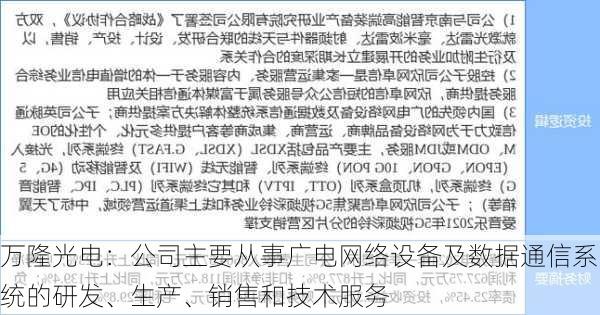 万隆光电：公司主要从事广电网络设备及数据通信系统的研发、生产、销售和技术服务