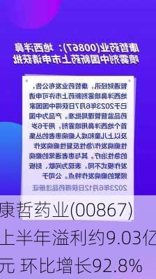 康哲药业(00867)上半年溢利约9.03亿元 环比增长92.8%