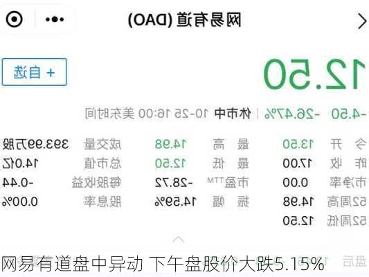 网易有道盘中异动 下午盘股价大跌5.15%