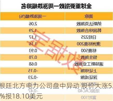 阿根廷北方电力公司盘中异动 股价大涨5.23%报18.10美元