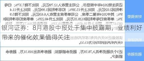 银河证券：8月港股中报处于集中披露期，业绩利好带来的催化效果值得关注