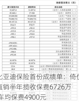 比亚迪保险首份成绩单：倚仗直销半年揽收保费6726万 车均保费4900元