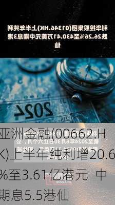 亚洲金融(00662.HK)上半年纯利增20.6%至3.61亿港元  中期息5.5港仙