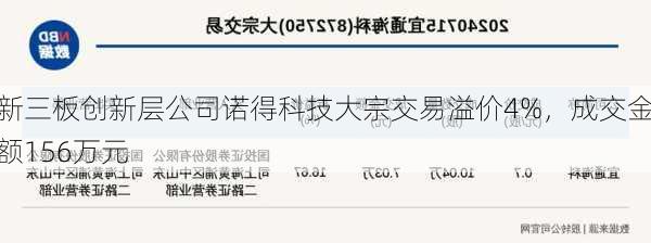 新三板创新层公司诺得科技大宗交易溢价4%，成交金额156万元