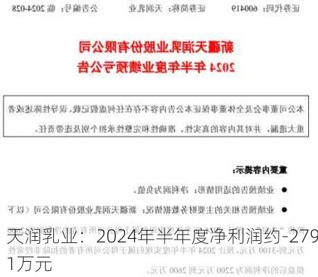 天润乳业：2024年半年度净利润约-2791万元