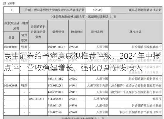 民生证券给予海康威视推荐评级，2024年中报点评：营收稳健增长，强化创新研发投入