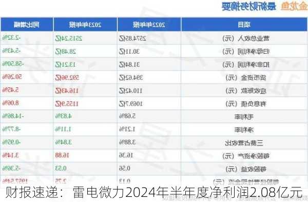 财报速递：雷电微力2024年半年度净利润2.08亿元