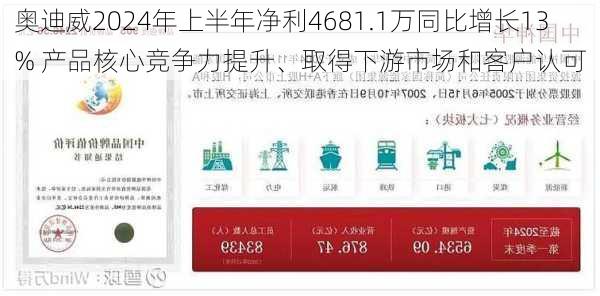 奥迪威2024年上半年净利4681.1万同比增长13% 产品核心竞争力提升、取得下游市场和客户认可