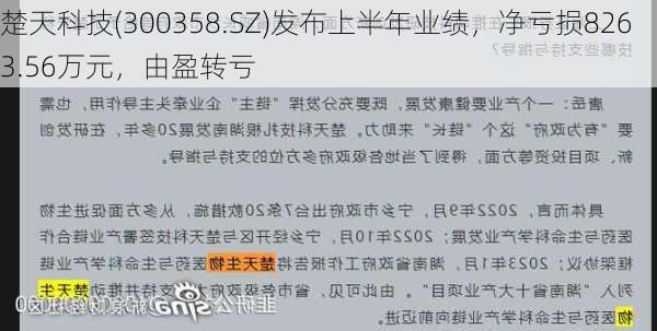 楚天科技(300358.SZ)发布上半年业绩，净亏损8263.56万元，由盈转亏