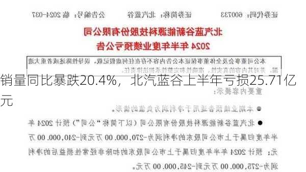 销量同比暴跌20.4%，北汽蓝谷上半年亏损25.71亿元