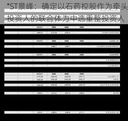 *ST景峰：确定以石药控股作为牵头投资人的联合体为中选重整投资人