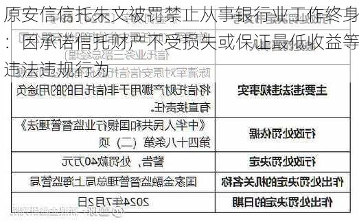 原安信信托朱文被罚禁止从事银行业工作终身：因承诺信托财产不受损失或保证最低收益等违法违规行为