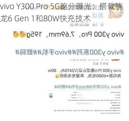 vivo Y300 Pro 5G跑分曝光：搭载骁龙6 Gen 1和80W快充技术