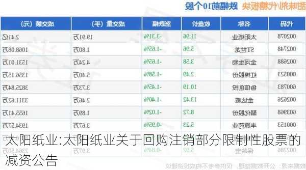 太阳纸业:太阳纸业关于回购注销部分限制性股票的减资公告