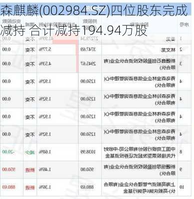 森麒麟(002984.SZ)四位股东完成减持 合计减持194.94万股