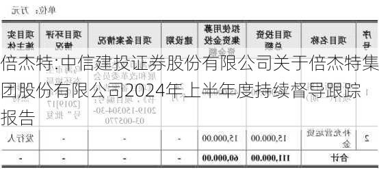 倍杰特:中信建投证券股份有限公司关于倍杰特集团股份有限公司2024年上半年度持续督导跟踪报告