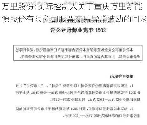 万里股份:实际控制人关于重庆万里新能源股份有限公司股票交易异常波动的回函