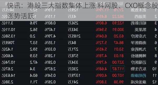 快讯：港股三大指数集体上涨 科网股、CXO概念股涨势活跃