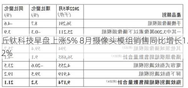 丘钛科技早盘上涨5% 8月摄像头模组销售同比增长1.2%