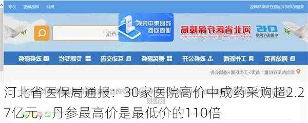 河北省医保局通报：30家医院高价中成药采购超2.27亿元，丹参最高价是最低价的110倍