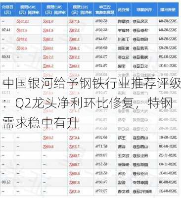 中国银河给予钢铁行业推荐评级：Q2龙头净利环比修复，特钢需求稳中有升