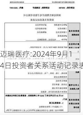 迈瑞医疗:2024年9月14日投资者关系活动记录表