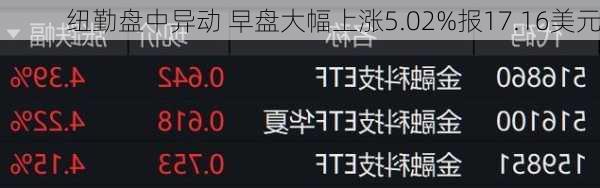 纽勤盘中异动 早盘大幅上涨5.02%报17.16美元