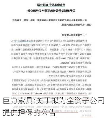 巨力索具:关于拟为全资子公司提供担保的公告