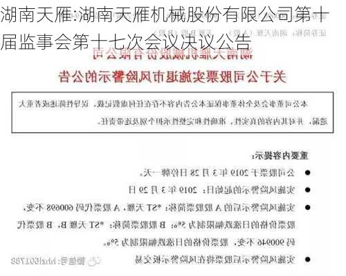 湖南天雁:湖南天雁机械股份有限公司第十届监事会第十七次会议决议公告