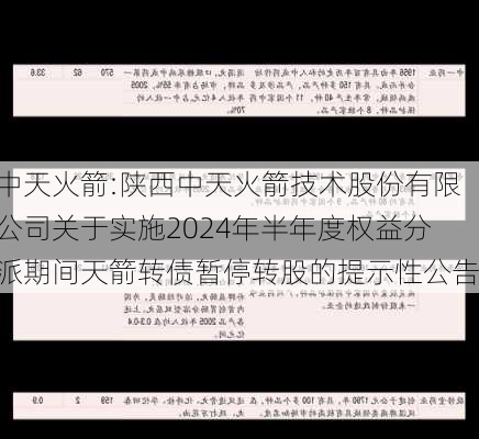 中天火箭:陕西中天火箭技术股份有限公司关于实施2024年半年度权益分派期间天箭转债暂停转股的提示性公告