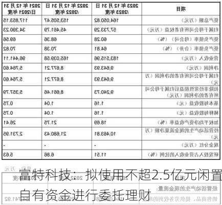 富特科技：拟使用不超2.5亿元闲置自有资金进行委托理财